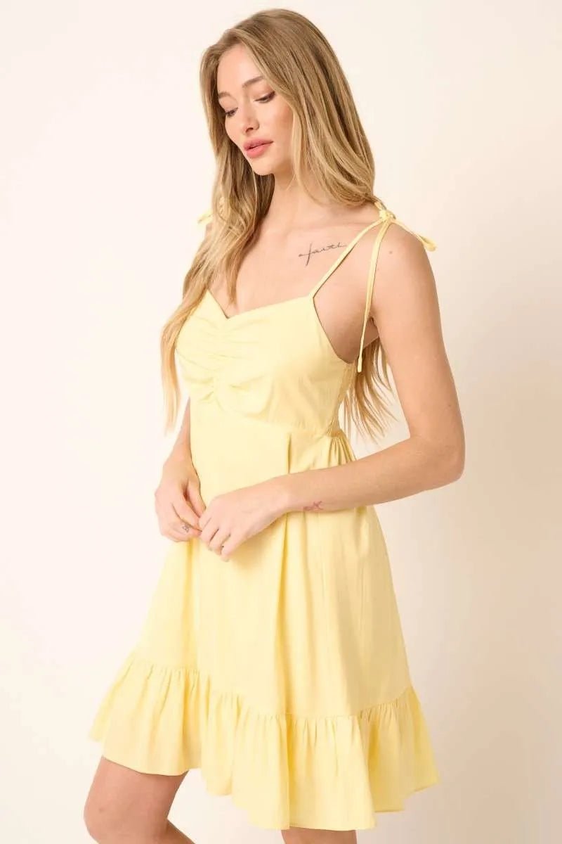 Soleil Ruched Tie-Strap Mini Dress - Dressed.