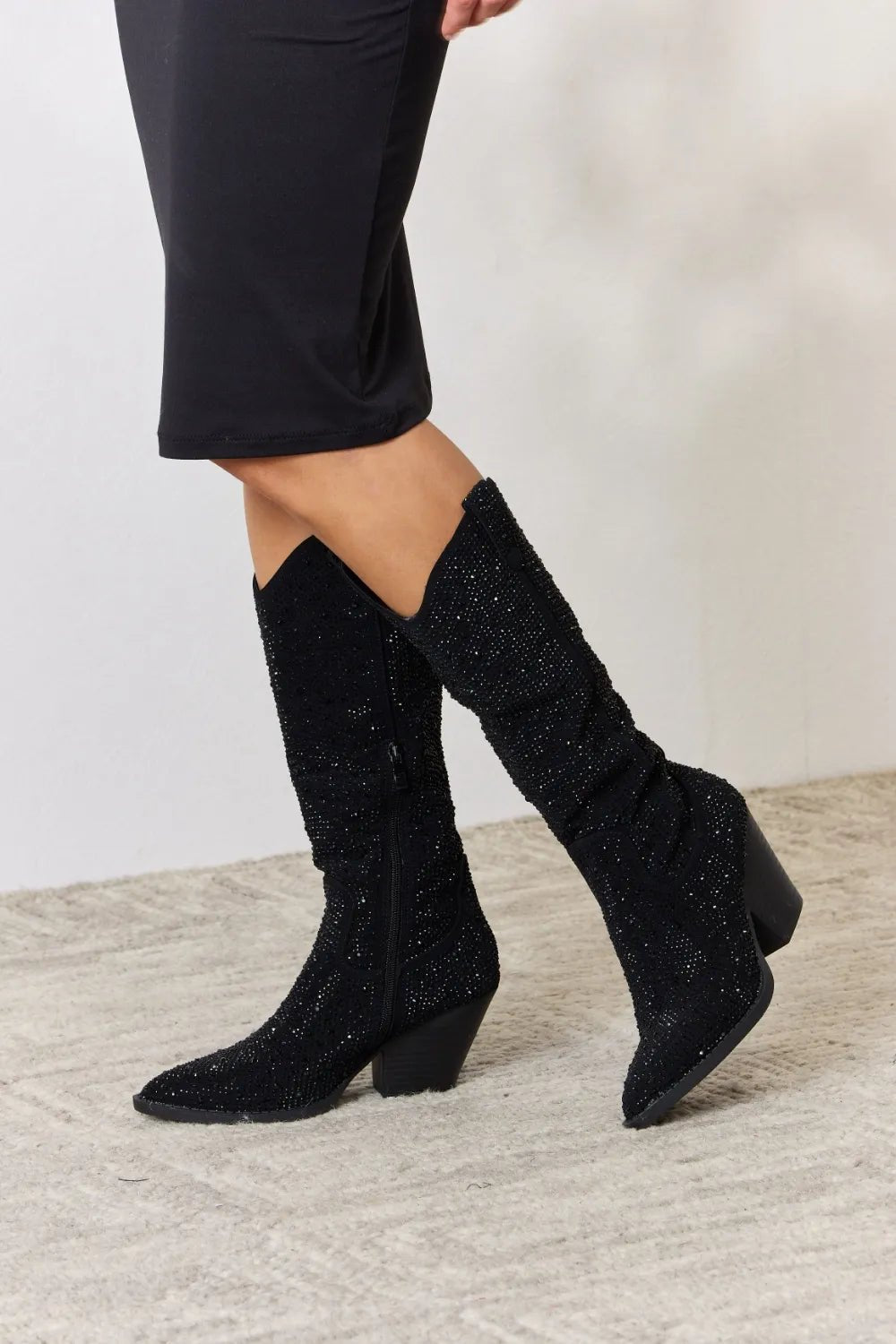 Starlight Rhinestone Knee-High Western Boots — Black - Dressed.