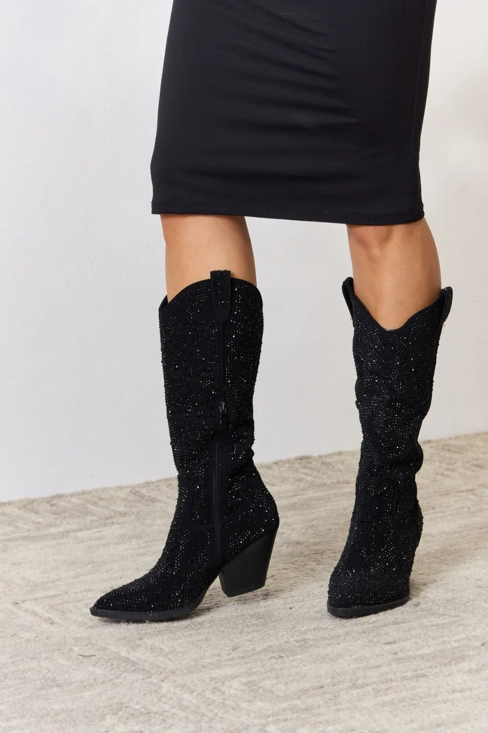 Starlight Rhinestone Knee-High Western Boots — Black - Dressed.
