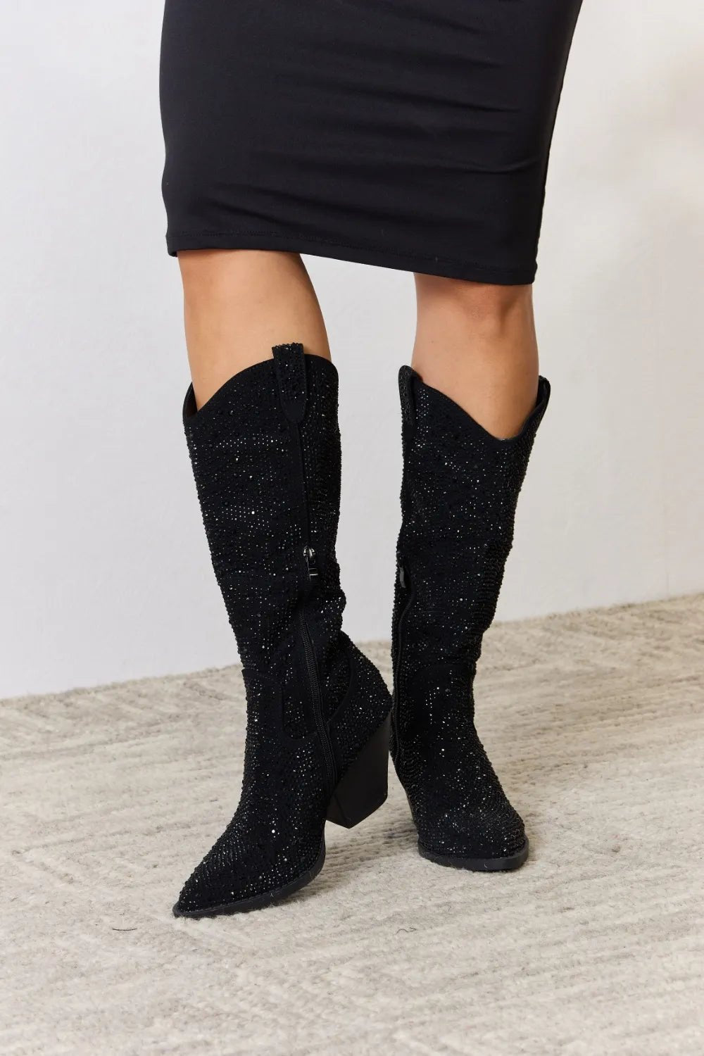 Starlight Rhinestone Knee-High Western Boots — Black - Dressed.