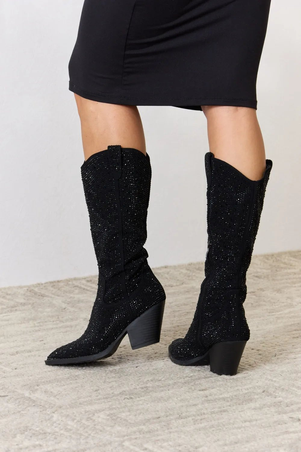Starlight Rhinestone Knee-High Western Boots — Black - Dressed.