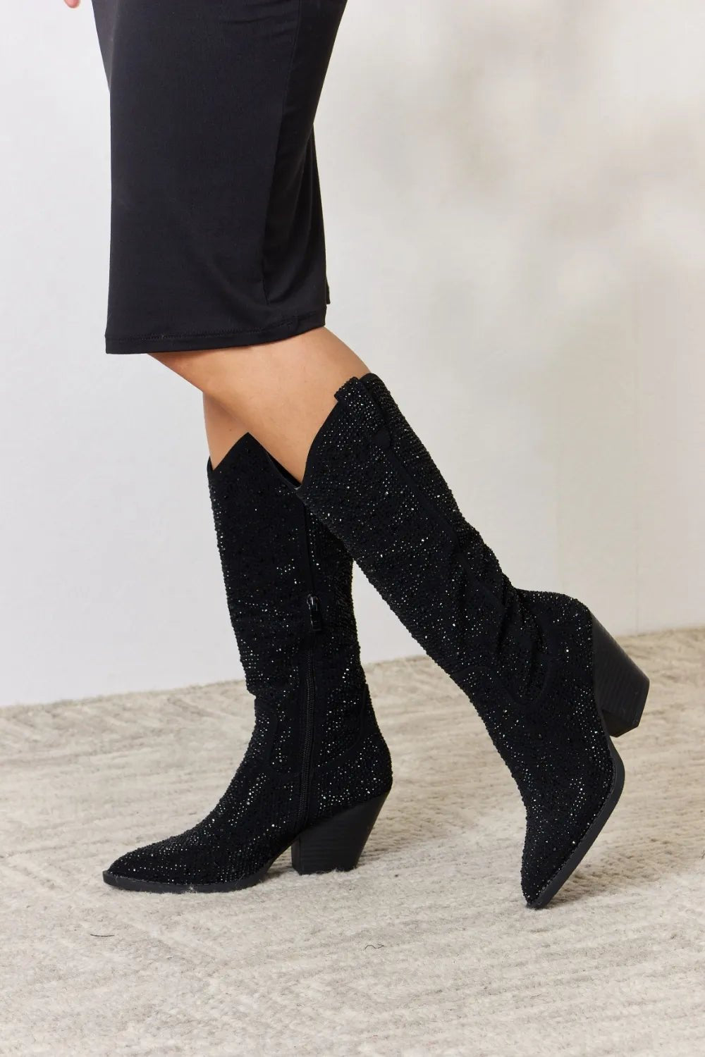 Starlight Rhinestone Knee-High Western Boots — Black - Dressed.
