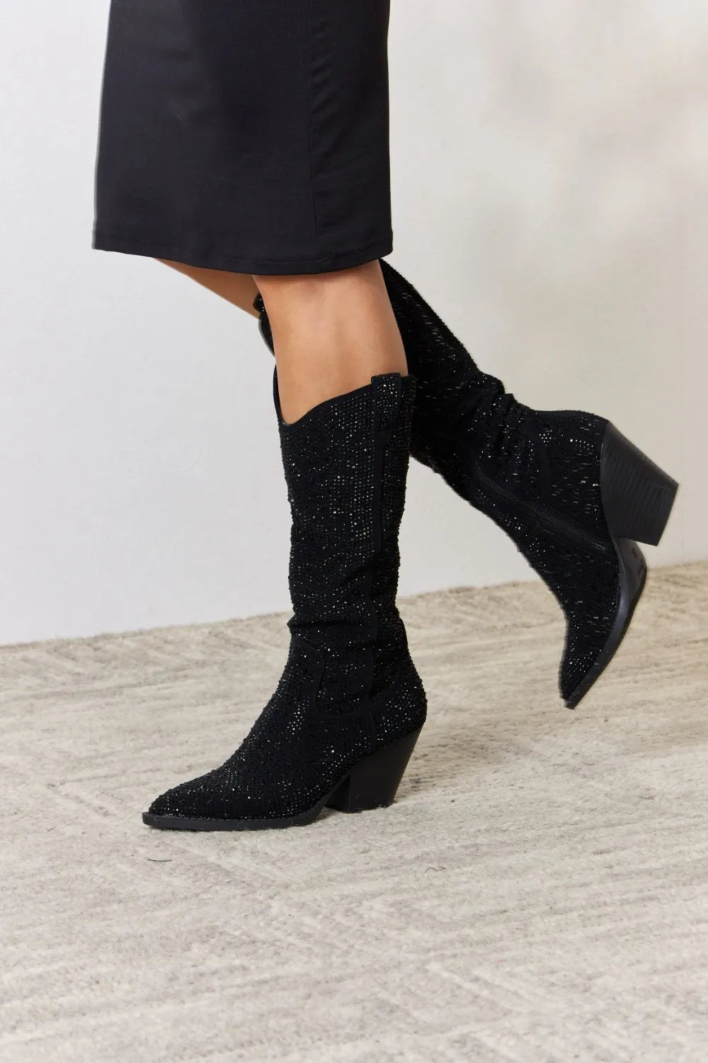 Starlight Rhinestone Knee-High Western Boots — Black - Dressed.