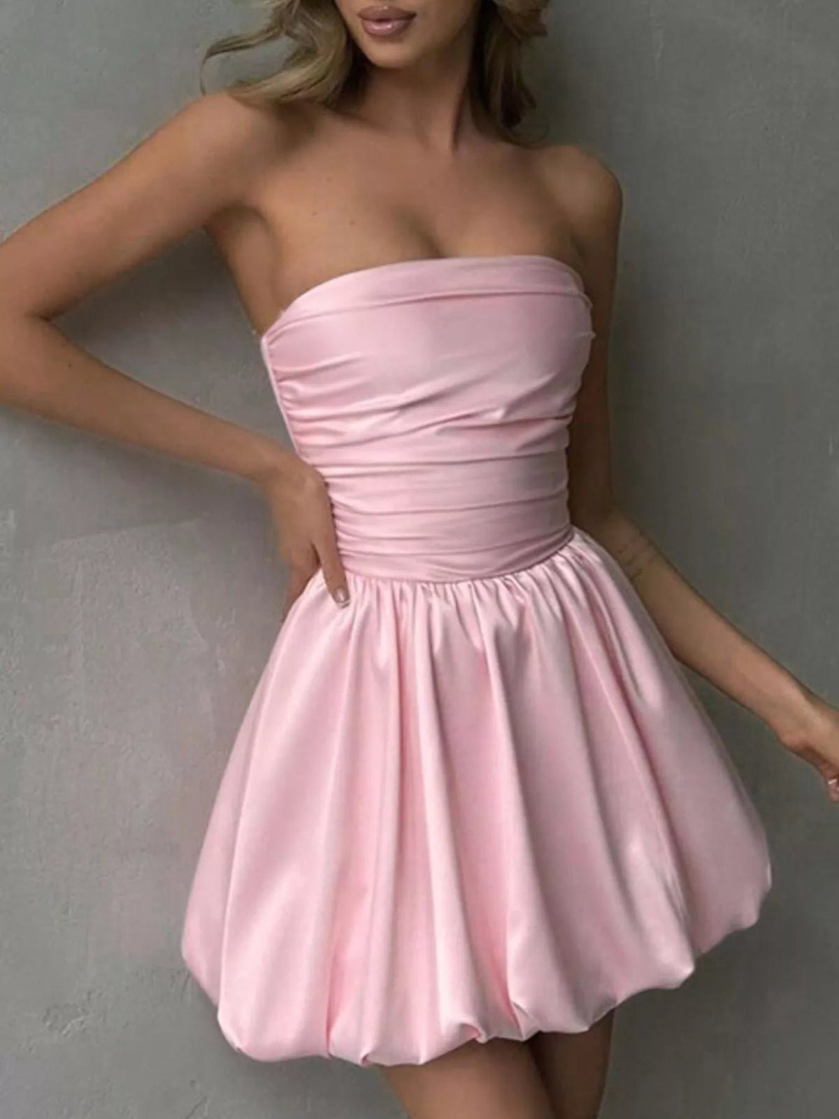 Strapless Ruched Mini Bubble Dress - Dressed.