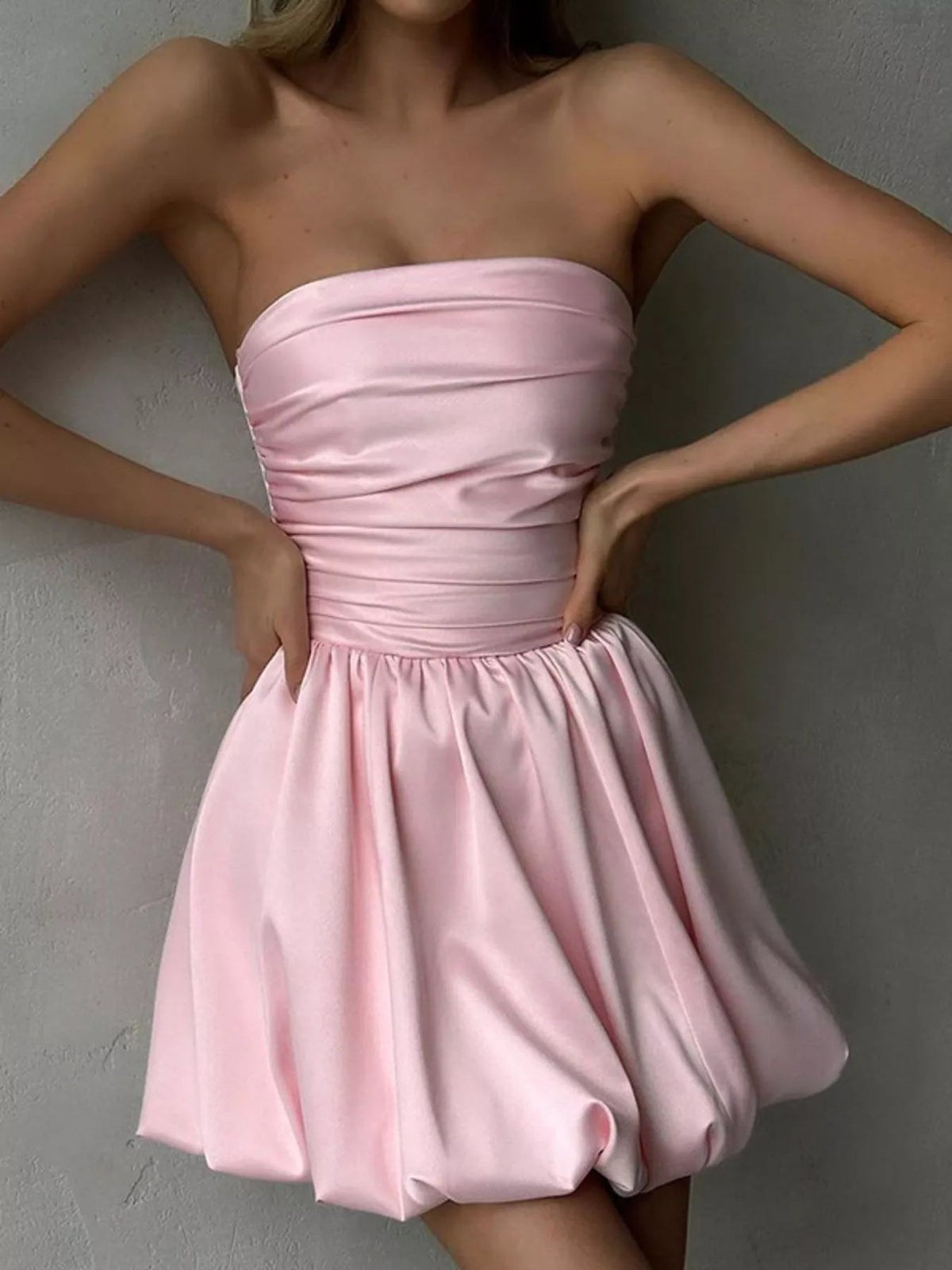 Strapless Ruched Mini Bubble Dress - Dressed.