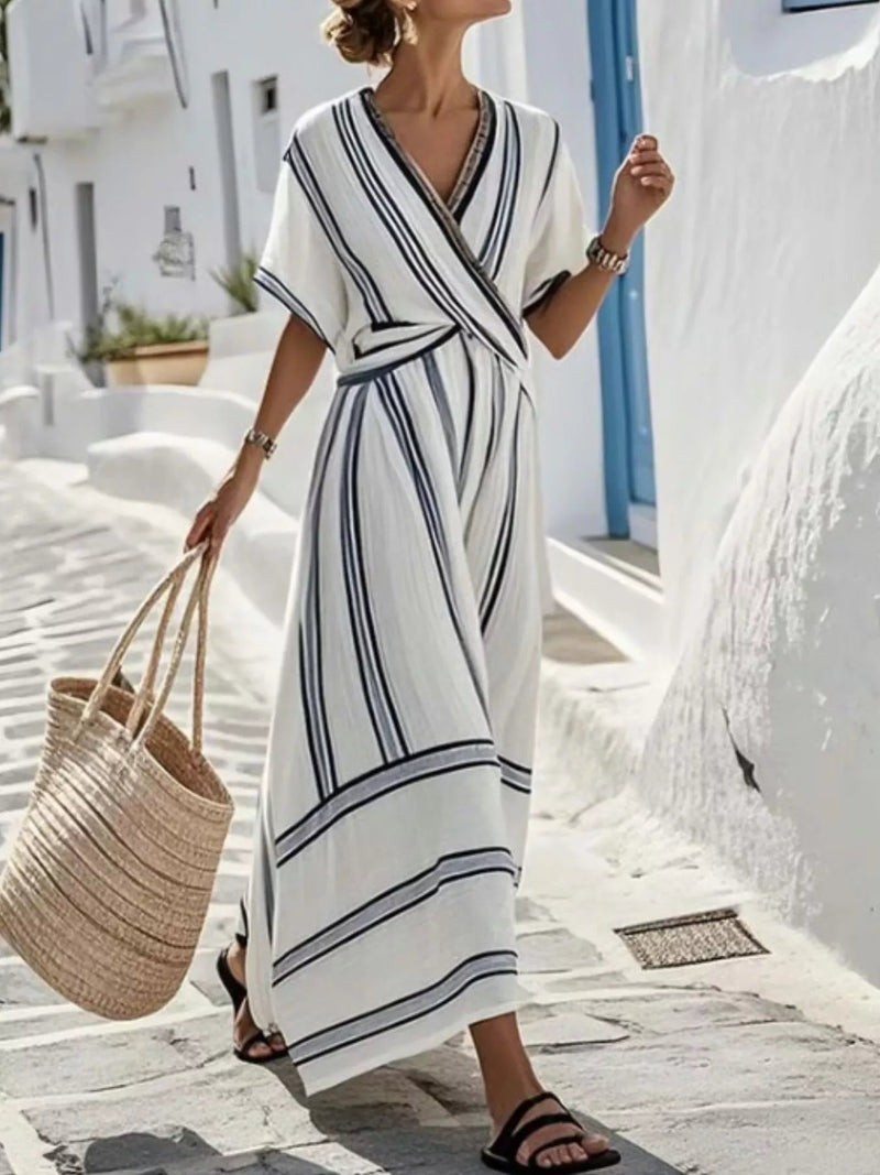 Striped Surplice Half Sleeve Midi Dress — Multiple Colors • Inclusive Sizing | Trendsi - Dressed.