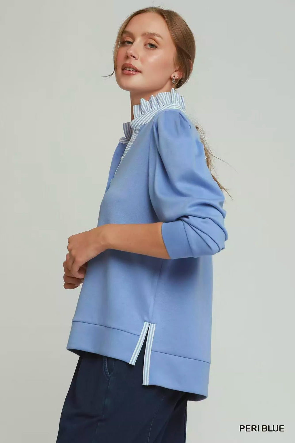 Umgee Stripe Ruffle Neck Long Sleeve Top - Dressed.