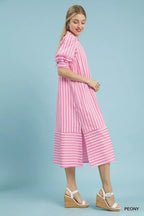 Umgee Striped Puff Sleeve Midi Dress - Dressed.