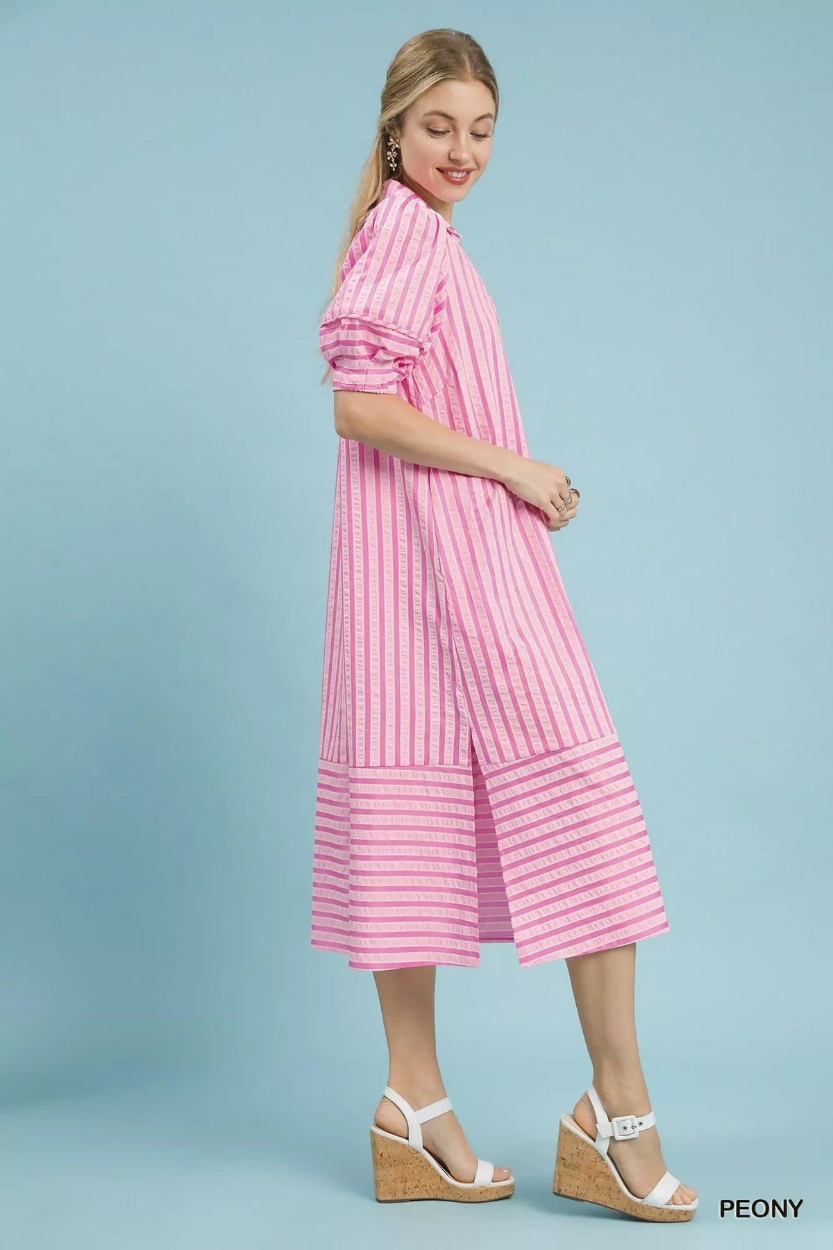 Umgee Striped Puff Sleeve Midi Dress - Dressed.