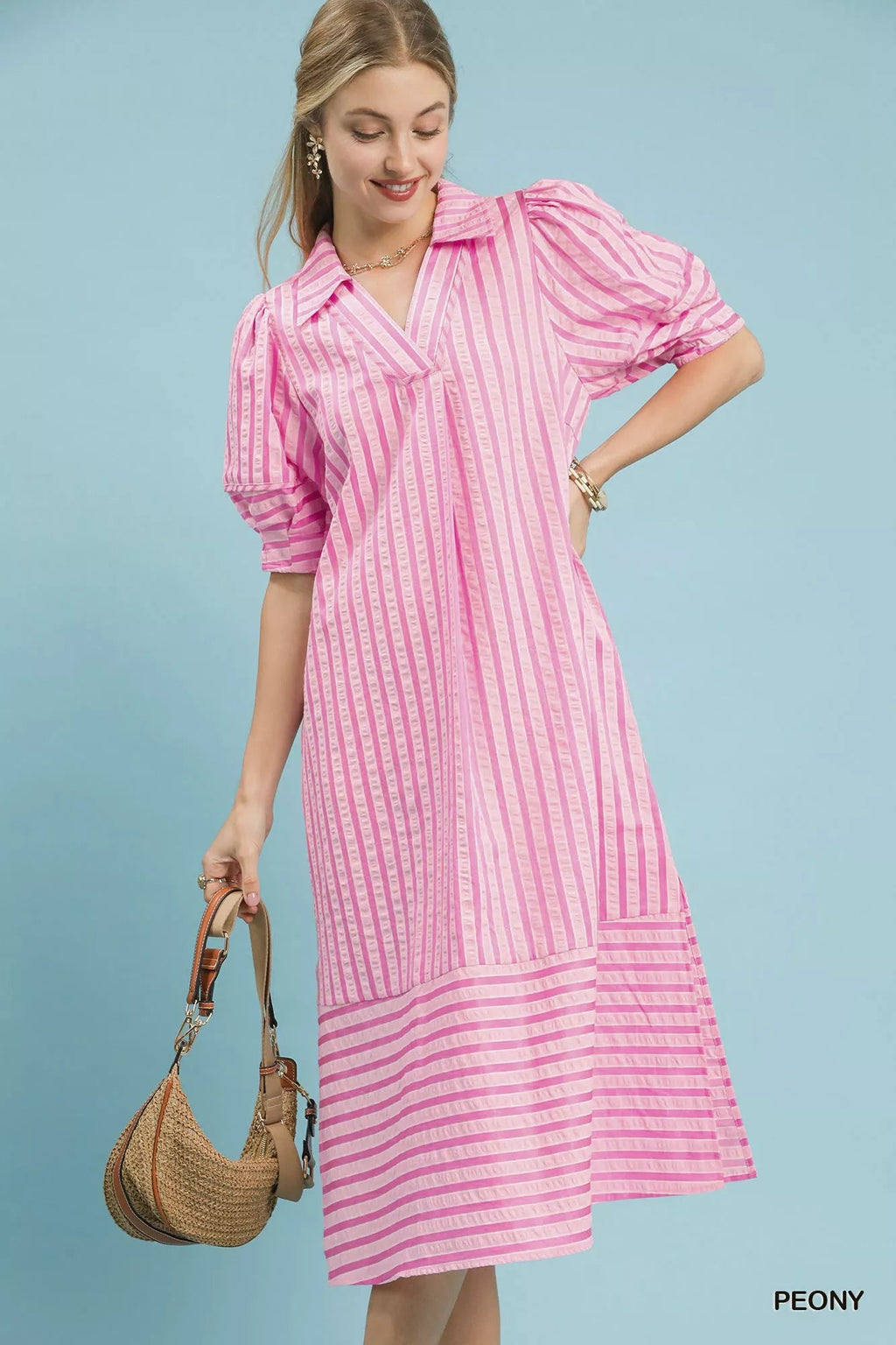 Umgee Striped Puff Sleeve Midi Dress - Dressed.