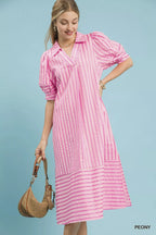 Umgee Striped Puff Sleeve Midi Dress - Dressed.