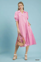 Umgee Striped Puff Sleeve Midi Dress - Dressed.
