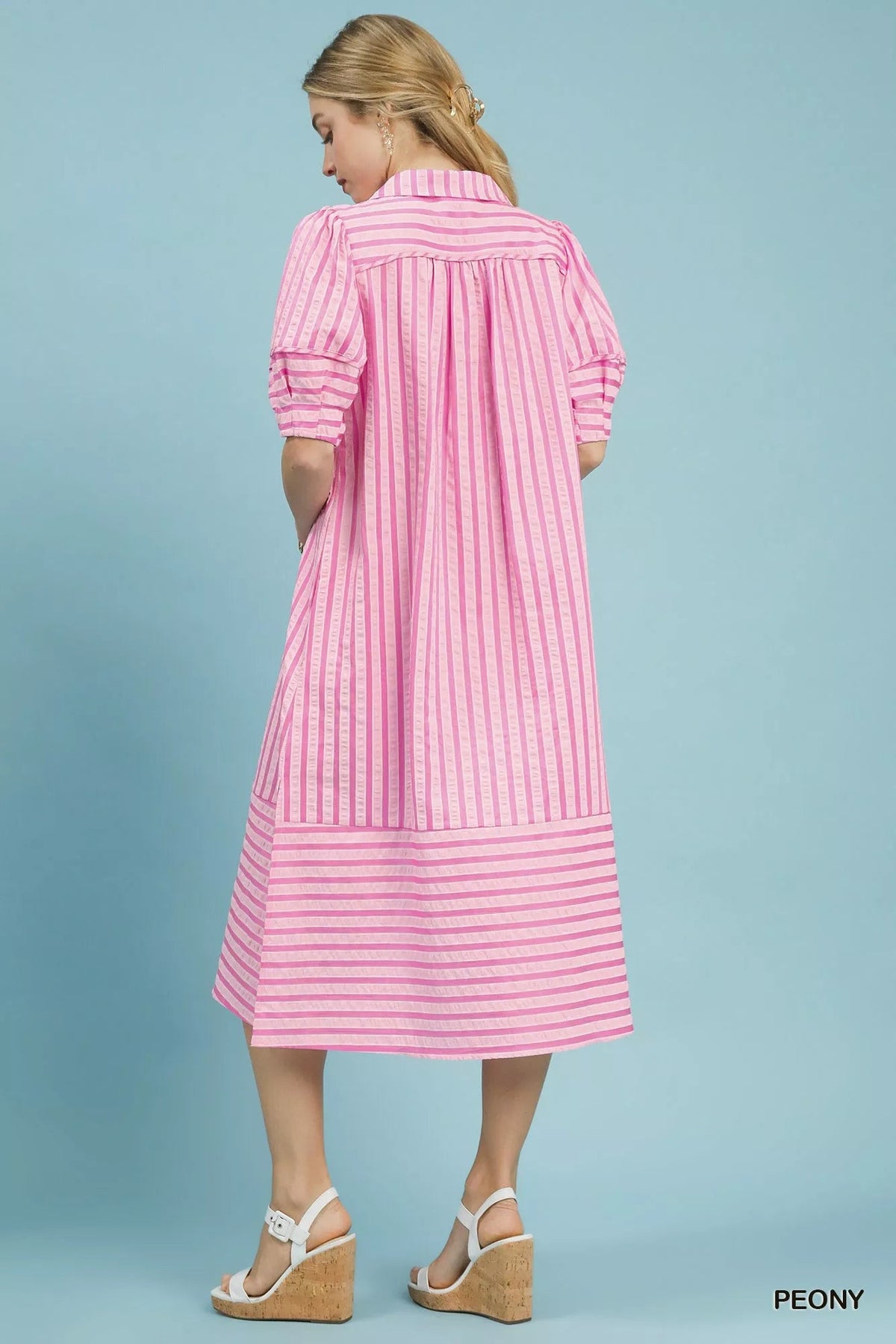 Umgee Striped Puff Sleeve Midi Dress - Dressed.