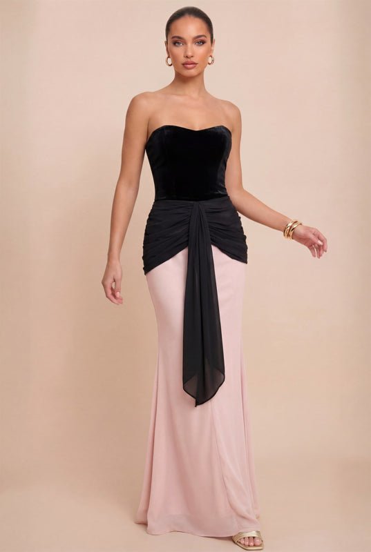 Velvet Chiffon Maxi Dress — Black & Blush | Luxxel - Dressed.
