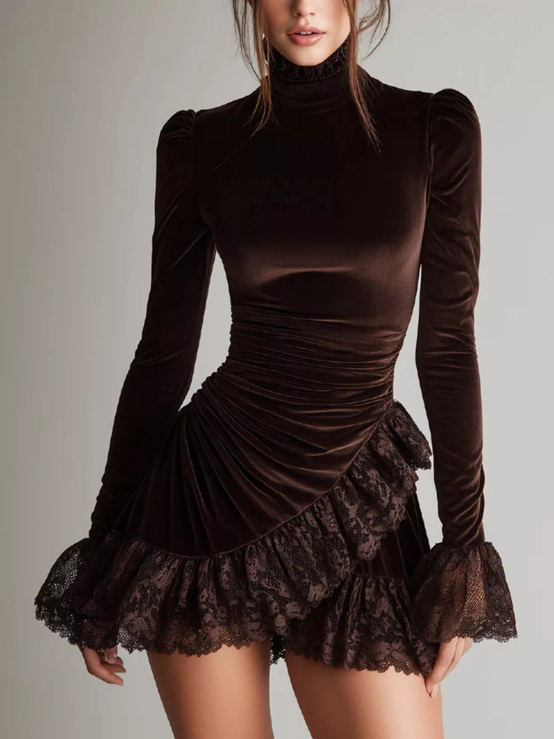 Velvet Mock Neck Mini Dress with Lace Ruffle Trim — Brown • Inclusive Sizing | Trendsi - Dressed.