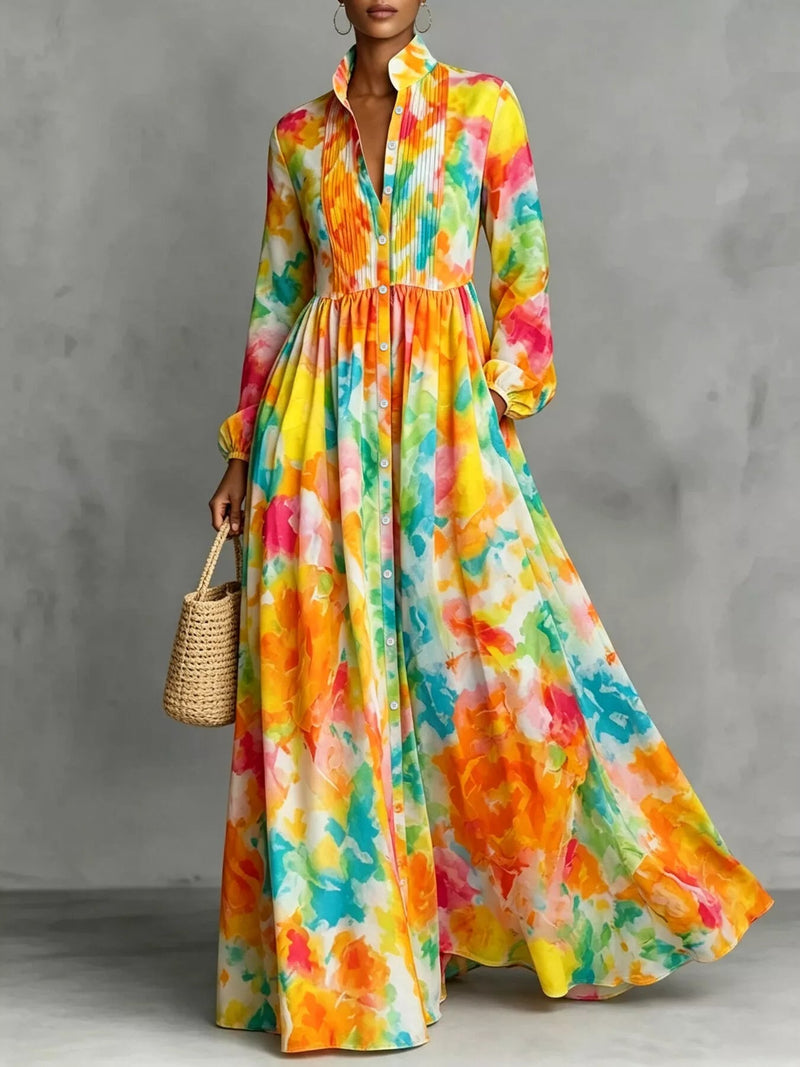 Watercolor Print Long-Sleeve Button-Down Maxi Dress — Multicolor | Trendsi - Dressed.