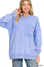 Zenana Acid Wash Raw Edge French Terry Sweatshirt with Front Pocket - Dressed.