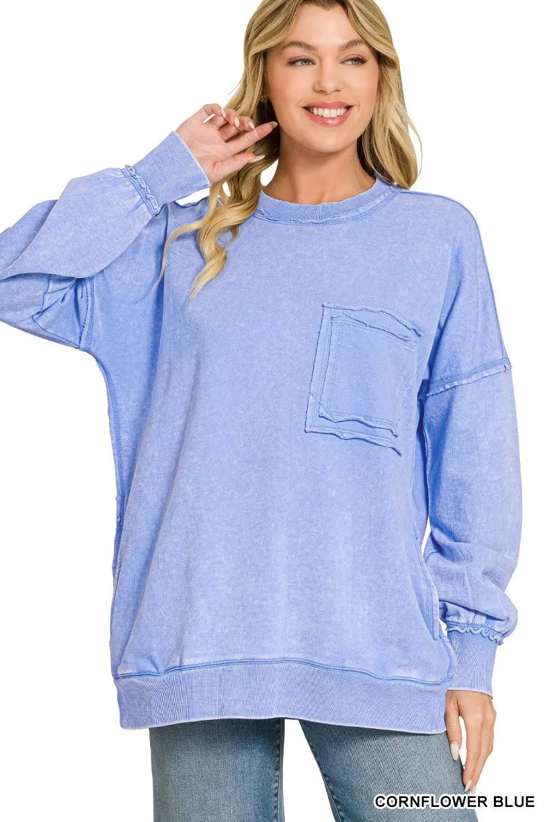 Zenana Acid Wash Raw Edge French Terry Sweatshirt with Front Pocket - Dressed.