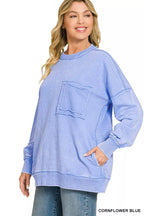Zenana Acid Wash Raw Edge French Terry Sweatshirt with Front Pocket - Dressed.