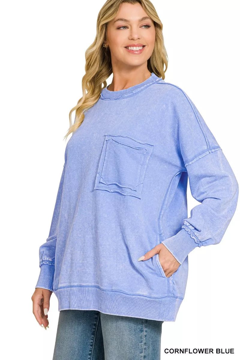 Zenana Acid Wash Raw Edge French Terry Sweatshirt with Front Pocket - Dressed.