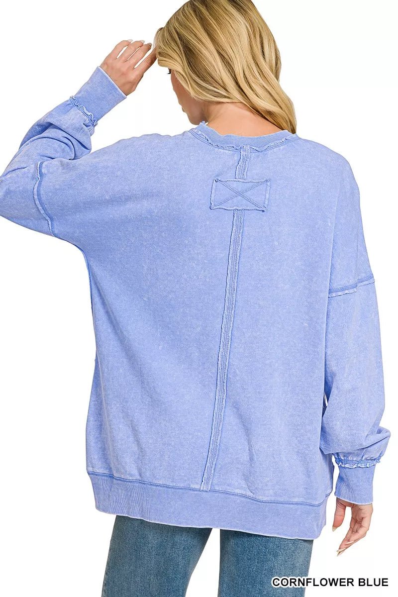 Zenana Acid Wash Raw Edge French Terry Sweatshirt with Front Pocket - Dressed.