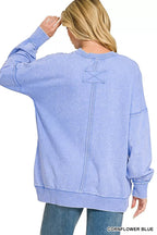 Zenana Acid Wash Raw Edge French Terry Sweatshirt with Front Pocket - Dressed.