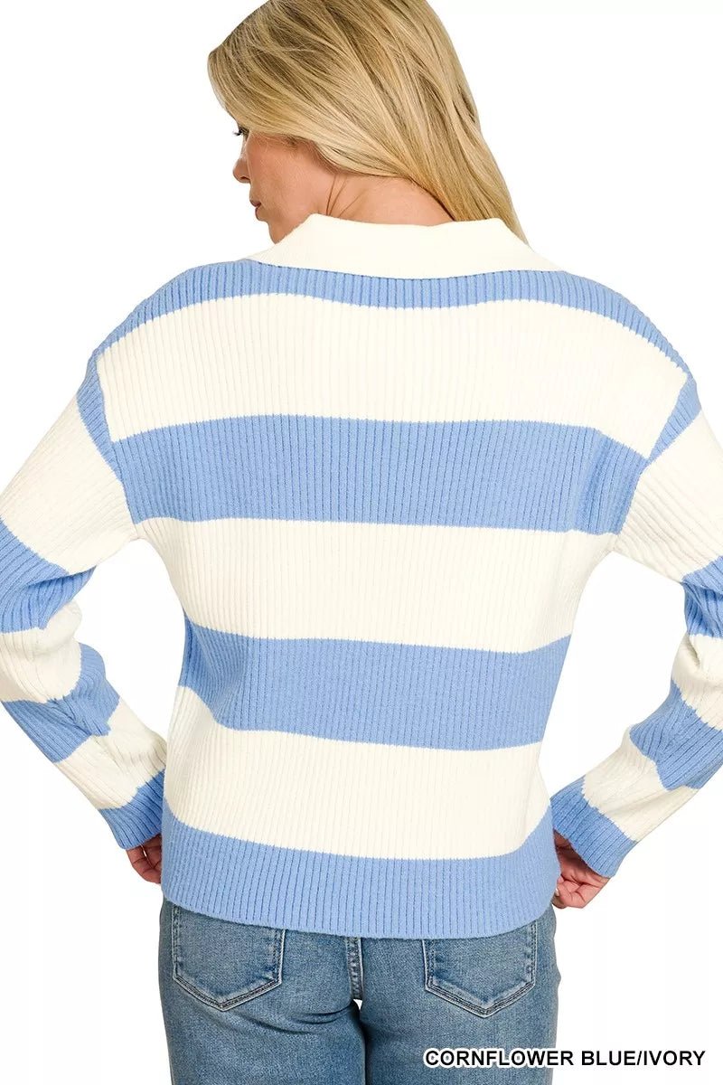 Zenana Striped Collared Sweater - Dressed.
