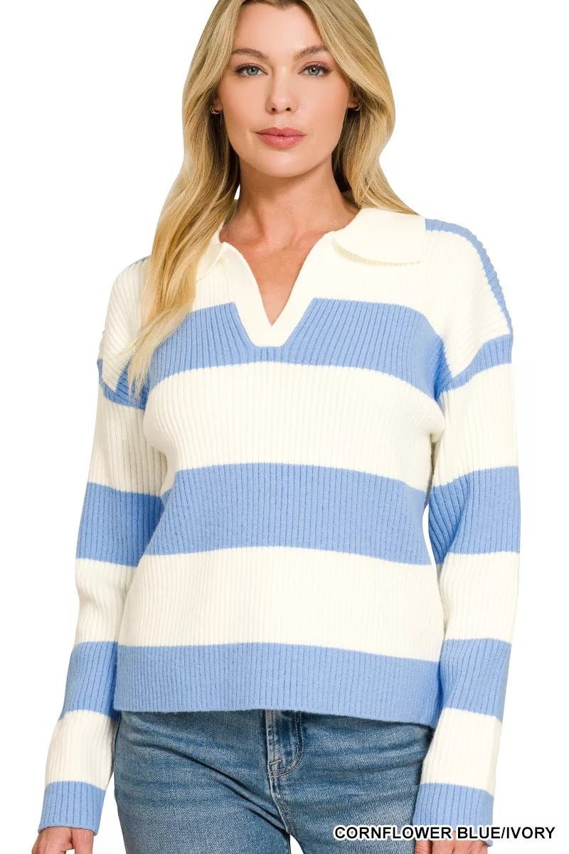 Zenana Striped Collared Sweater - Dressed.