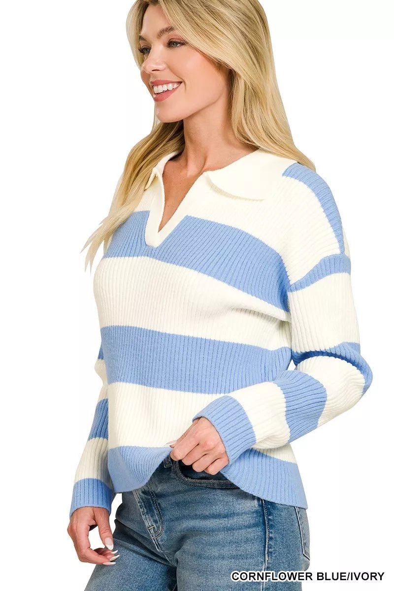 Zenana Striped Collared Sweater - Dressed.
